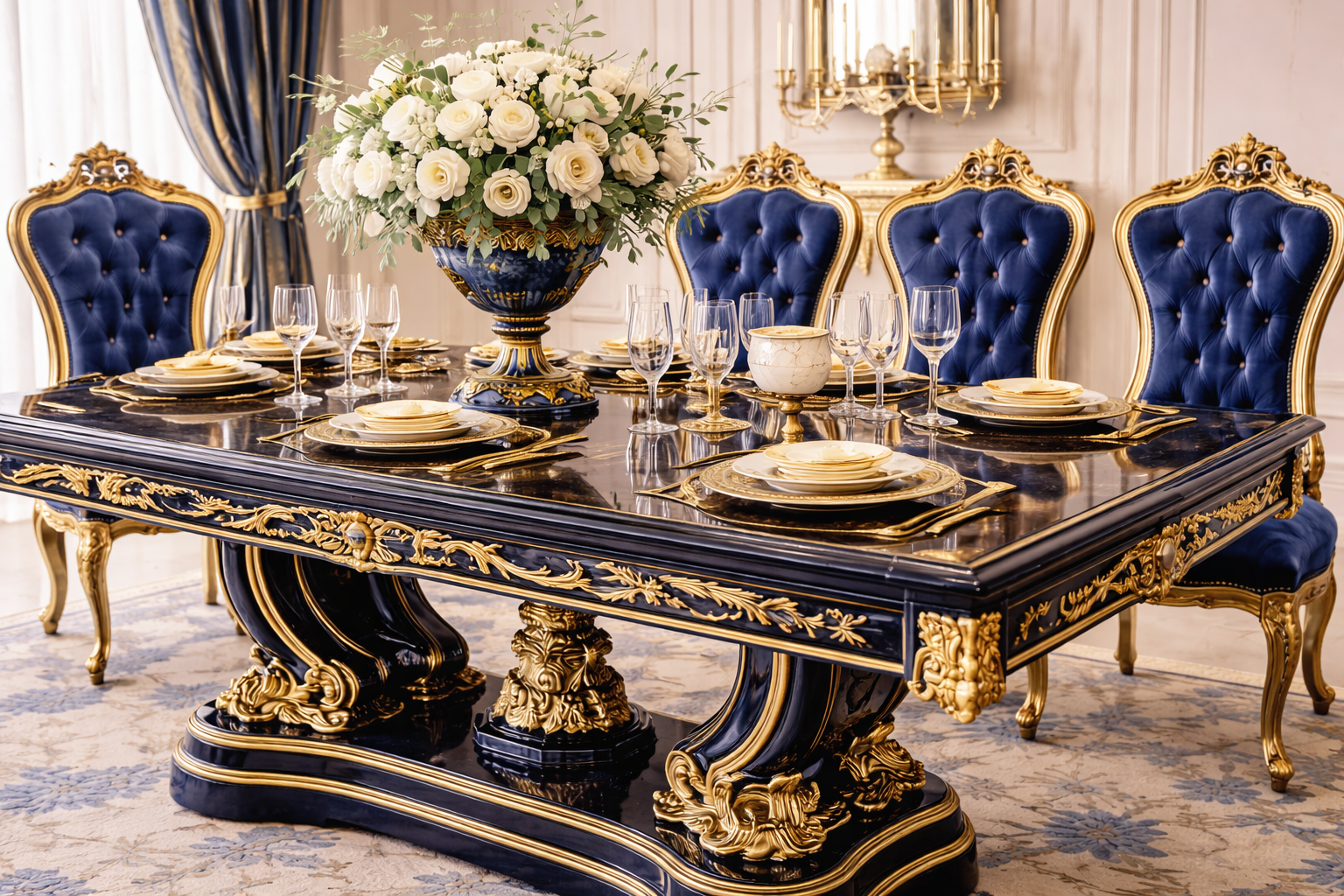 Royal Luxury 6 Seater Dining Table Set – Blue & Gold Hand-Carved Antique Dining Set