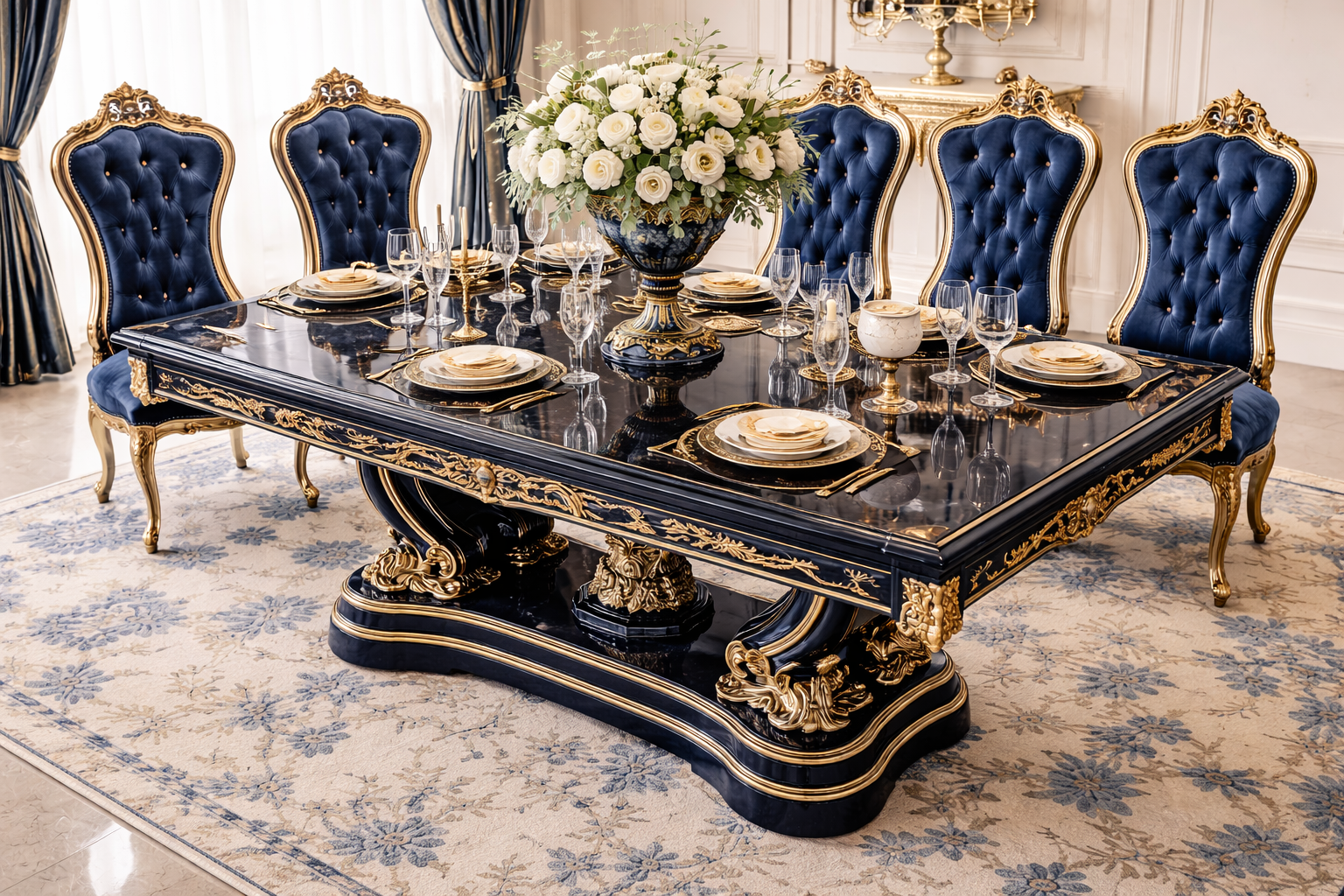 Royal Luxury 6 Seater Dining Table Set – Blue & Gold Hand-Carved Antique Dining Set