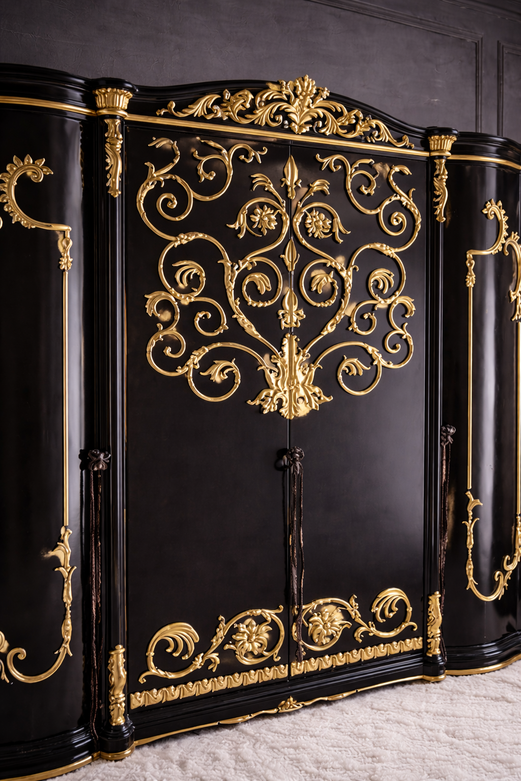 Luxury Black & Gold Royal Carved Wooden Wardrobe