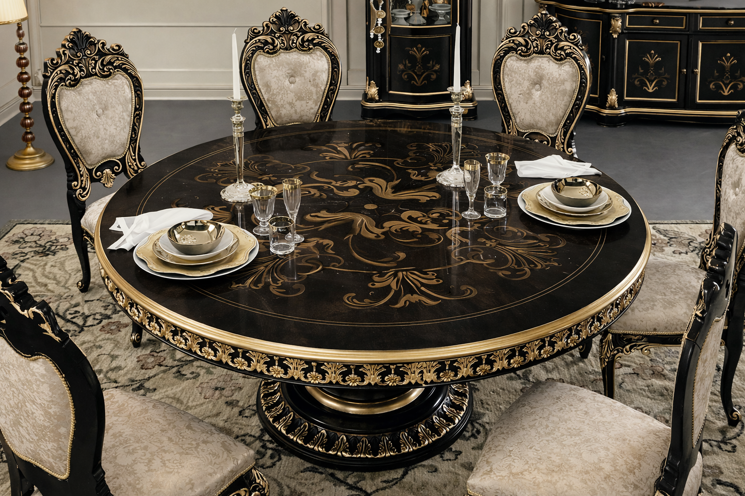 Royal Luxury 6 Seater Round Dining Table Set – Black & Gold Hand-Carved Antique Dining Set