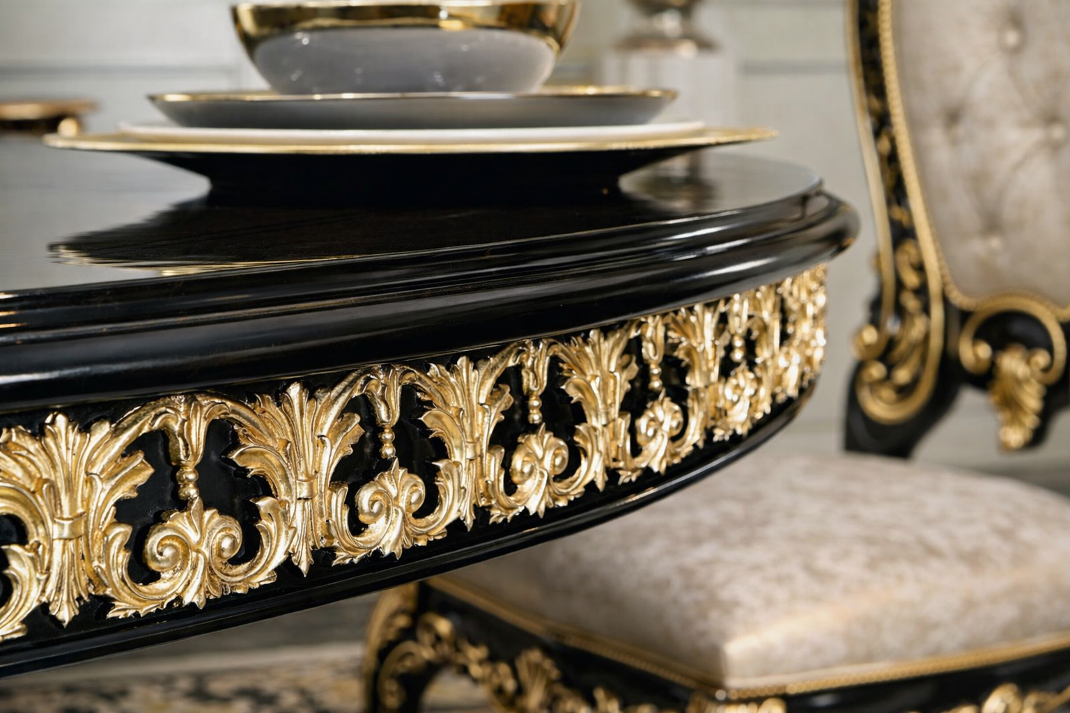 Royal Luxury 6 Seater Round Dining Table Set – Black & Gold Hand-Carved Antique Dining Set