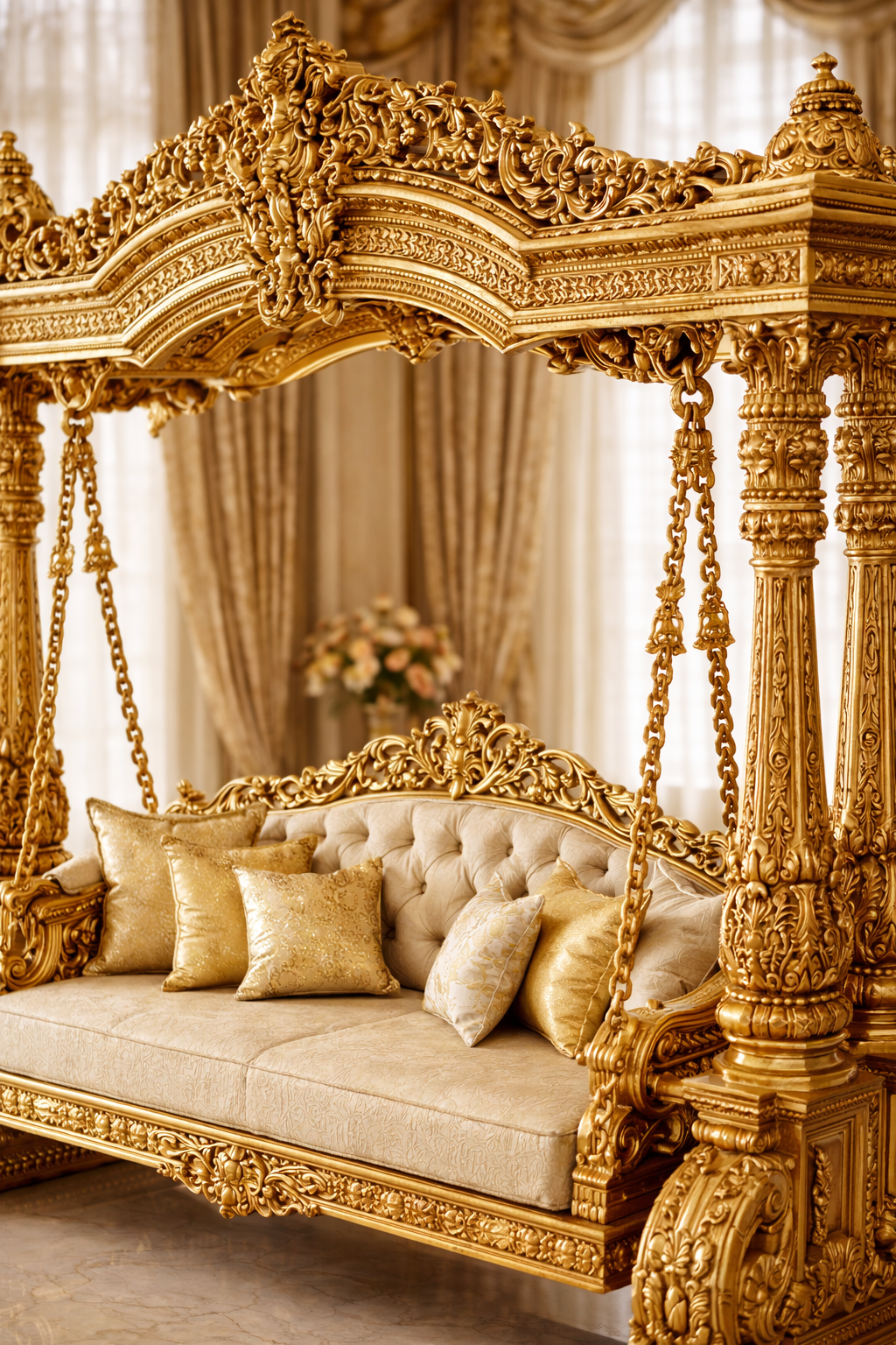 Luxury Golden Carved Swing Jhula | Royal Antique Designer Gold Jhula for Living Room
