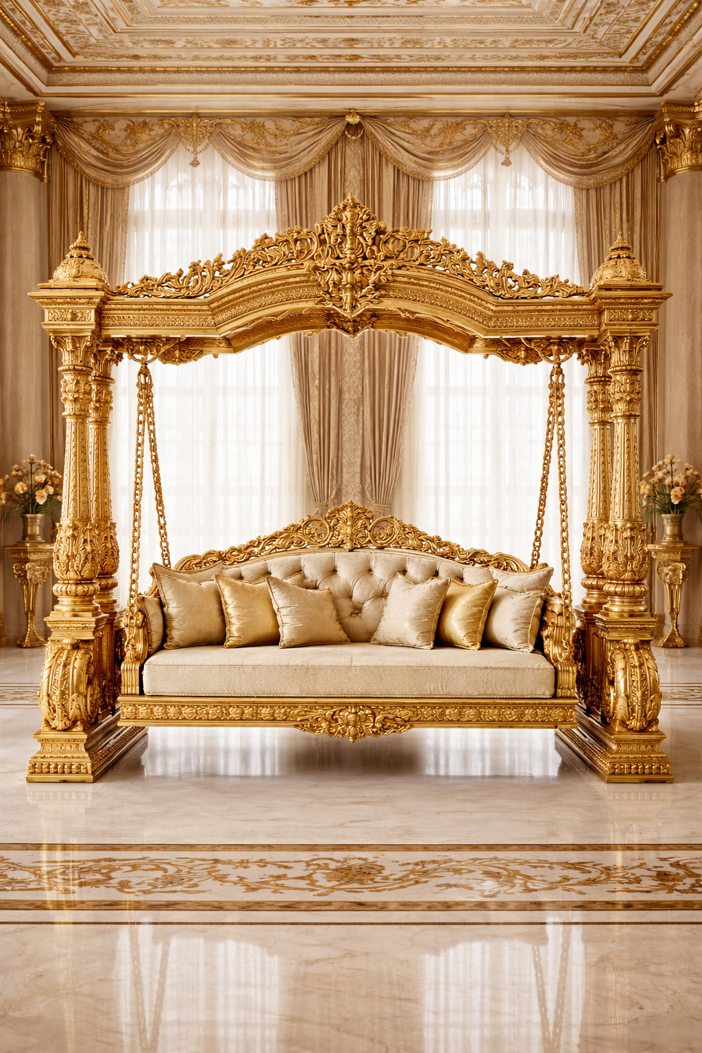 Luxury Golden Carved Swing Jhula | Royal Antique Designer Gold Jhula for Living Room