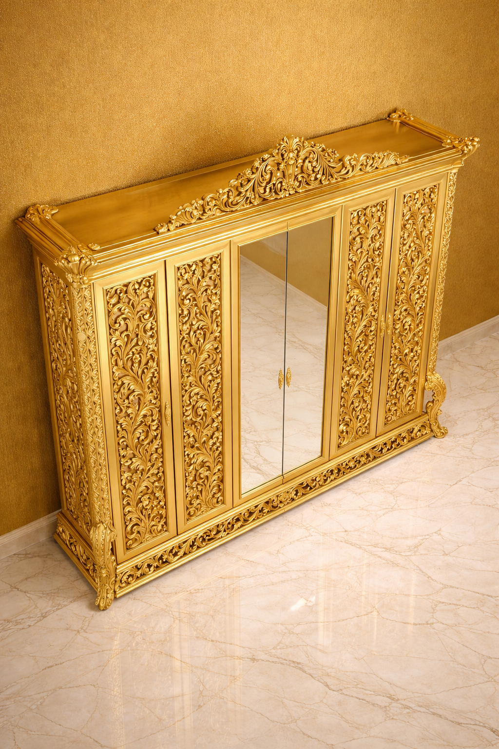 Luxury Gold Royal Carved Wardrobe with Mirror Doors