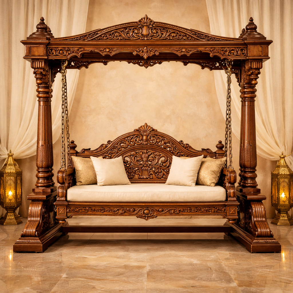Luxury Wooden Carved Swing Jhula | Royal Antique Designer Wooden Jhula