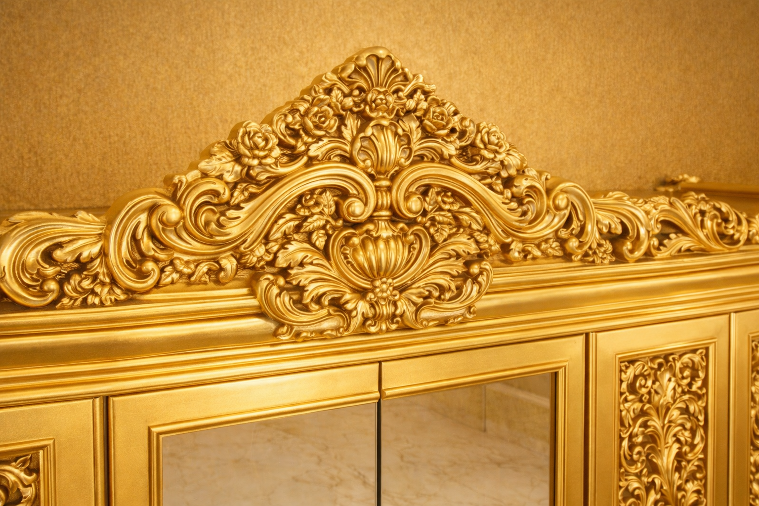 Luxury Gold Royal Carved Wardrobe with Mirror Doors
