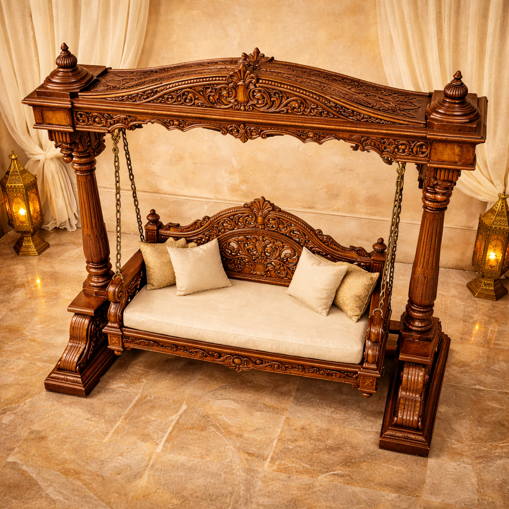 Luxury Wooden Carved Swing Jhula | Royal Antique Designer Wooden Jhula