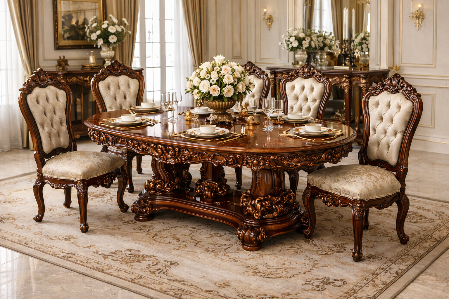 Royal Luxury 6 Seater Wooden Dining Table Set – Walnut Brown Hand-Carved Antique Finish