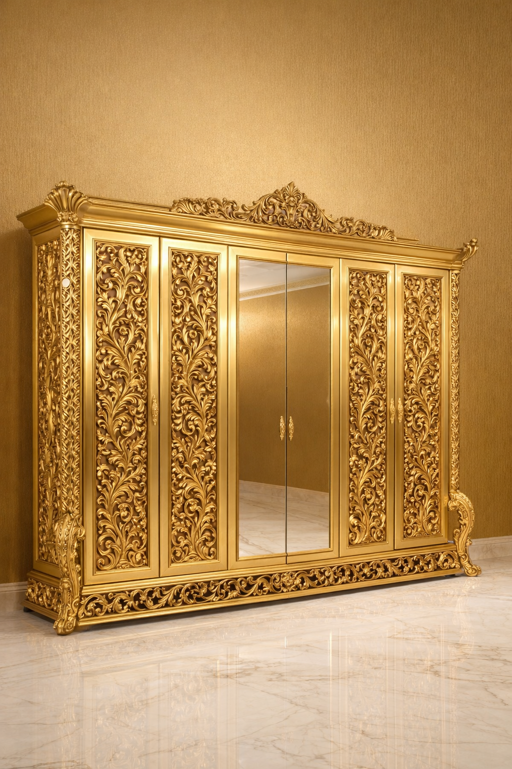Luxury Gold Royal Carved Wardrobe with Mirror Doors