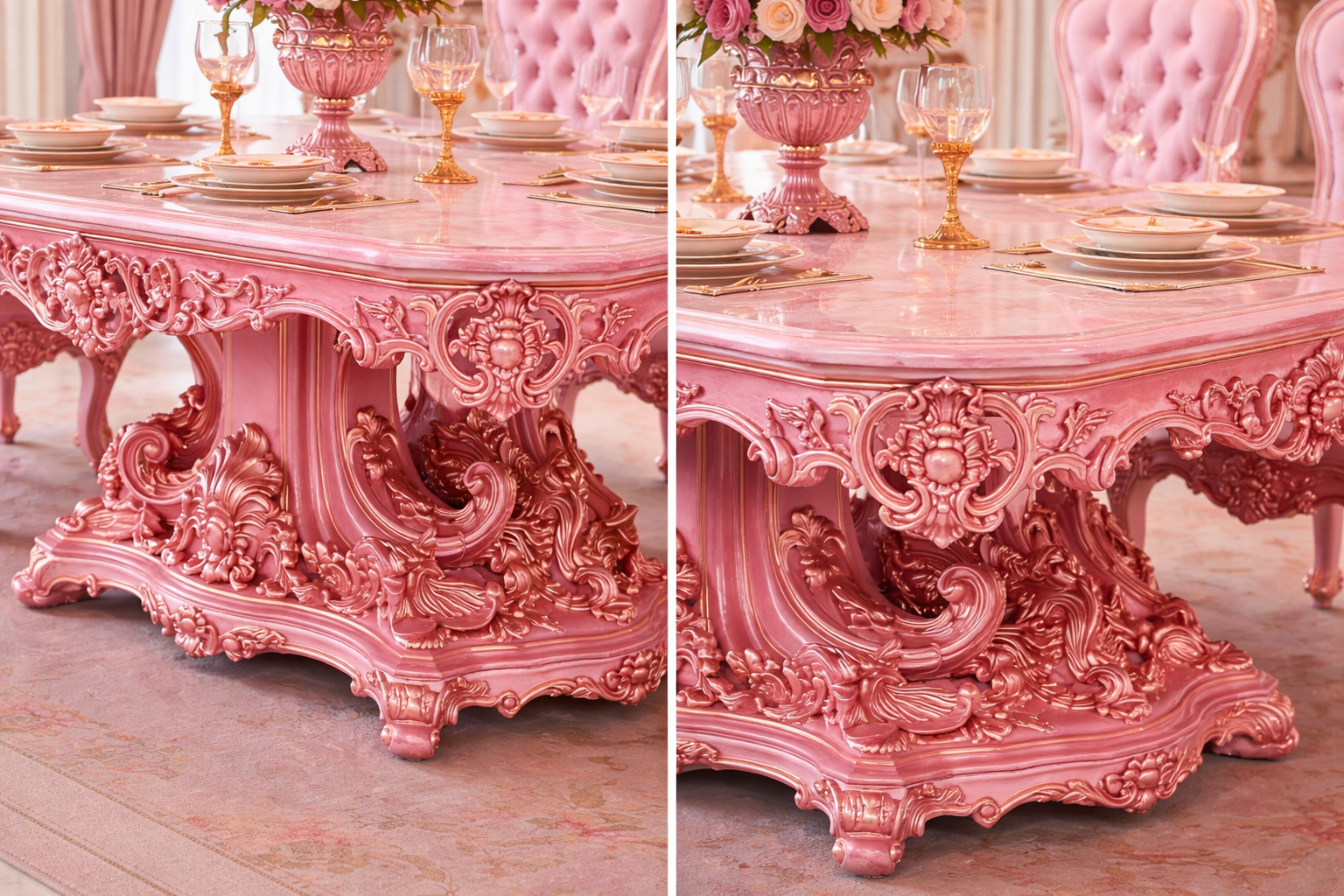 Luxury Pink 6 Seater Dining Table Set – Royal Hand-Carved Solid Wood Dining Set