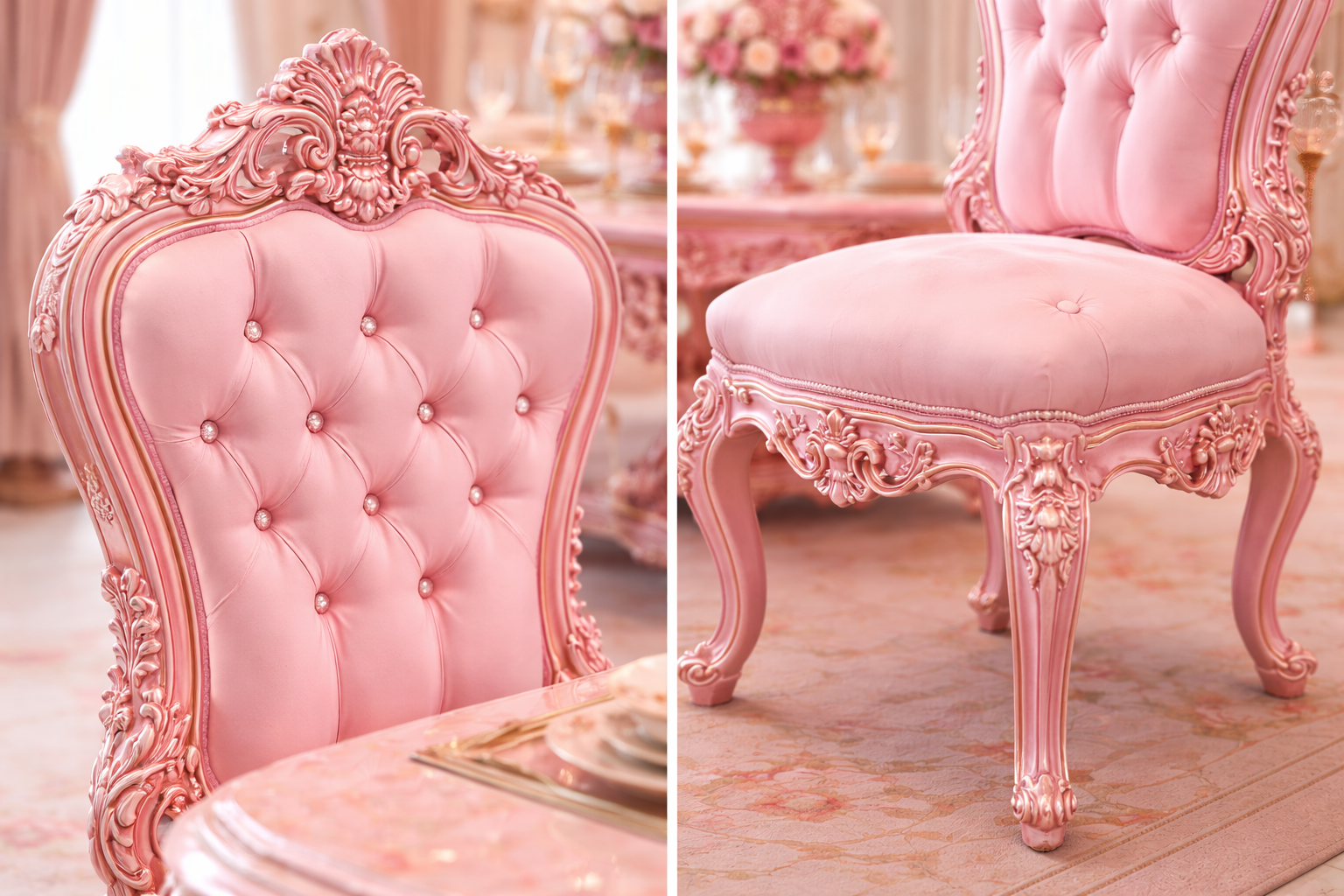 Luxury Pink 6 Seater Dining Table Set – Royal Hand-Carved Solid Wood Dining Set