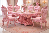 Luxury Pink 6 Seater Dining Table Set – Royal Hand-Carved Solid Wood Dining Set