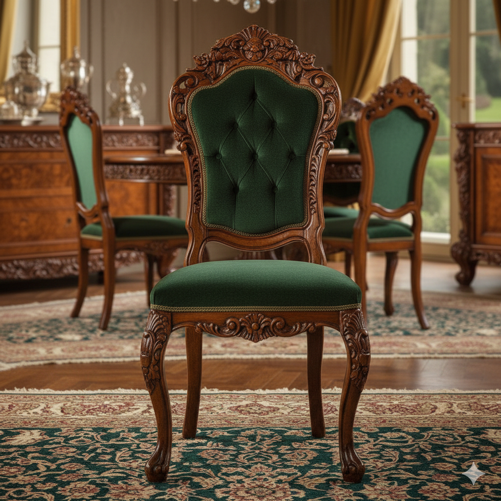 6 Seater Round Dining Table Set – Solid Wood Hand-Carved Dining Set with Green Upholstered Chairs