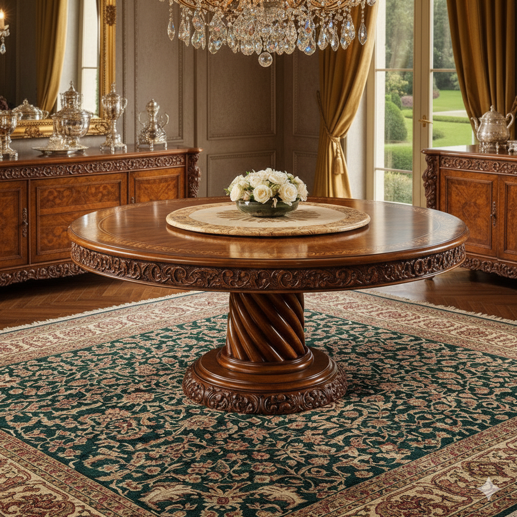 6 Seater Round Dining Table Set – Solid Wood Hand-Carved Dining Set with Green Upholstered Chairs