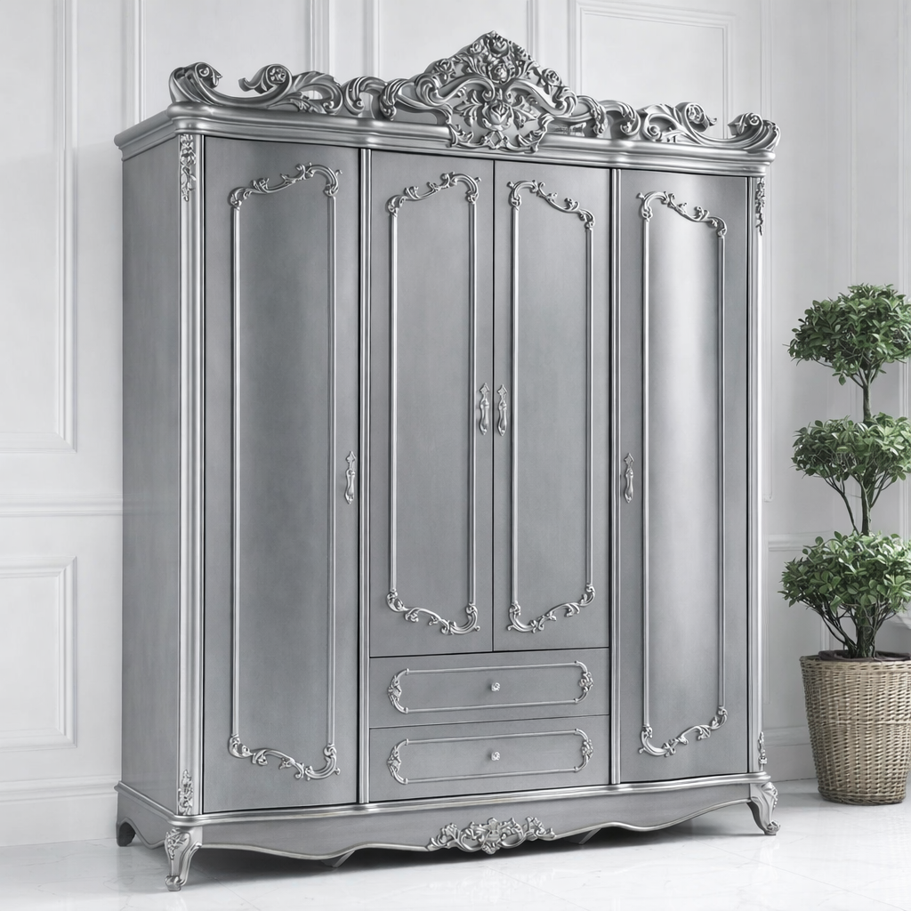 Luxury Silver Classic Wardrobe with Royal Carving