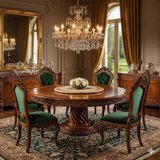 6 Seater Round Dining Table Set – Solid Wood Hand-Carved Dining Set with Green Upholstered Chairs