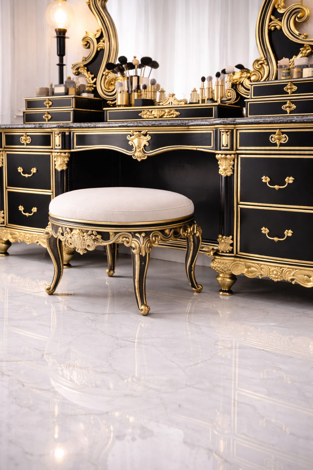 Luxury Black & Gold Antique Dressing Table with Mirror and Stool – Royal Hand-Carved Vanity