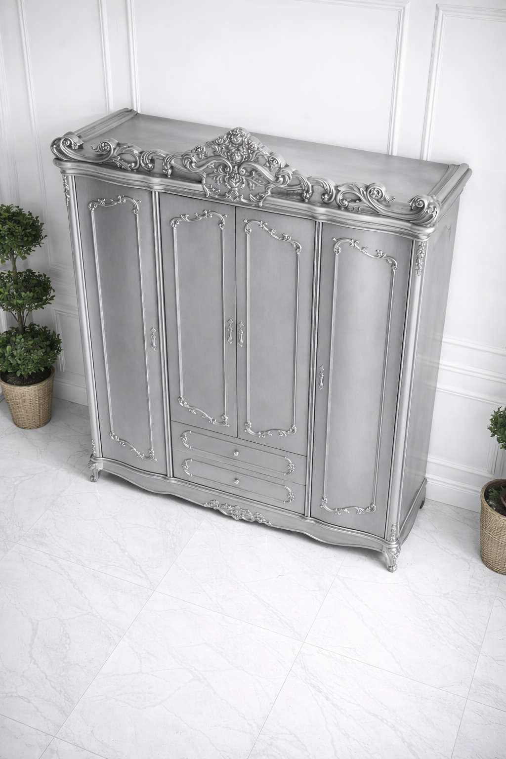 Luxury Silver Classic Wardrobe with Royal Carving
