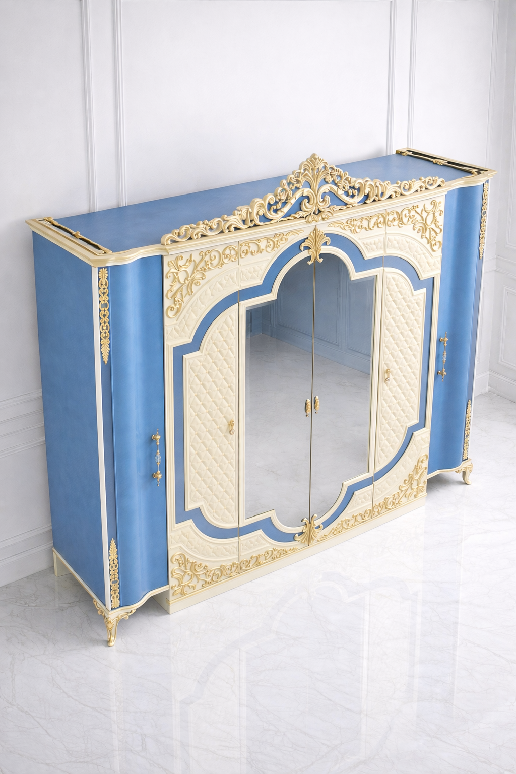 Luxury Royal Blue & Ivory Carved Wardrobe with Mirror Doors
