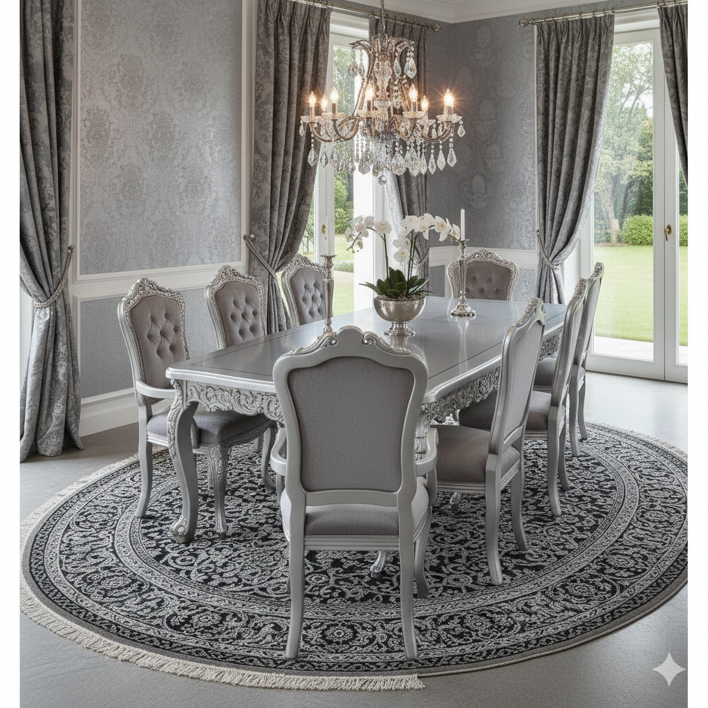 Royal Luxury 8 Seater Dining Table Set – Silver Finish Hand-Carved Solid Wood Dining Set