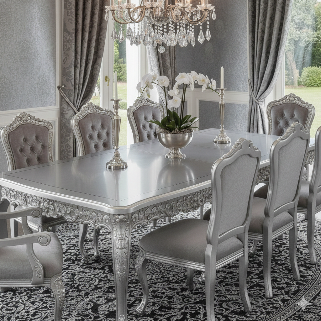 Royal Luxury 8 Seater Dining Table Set – Silver Finish Hand-Carved Solid Wood Dining Set
