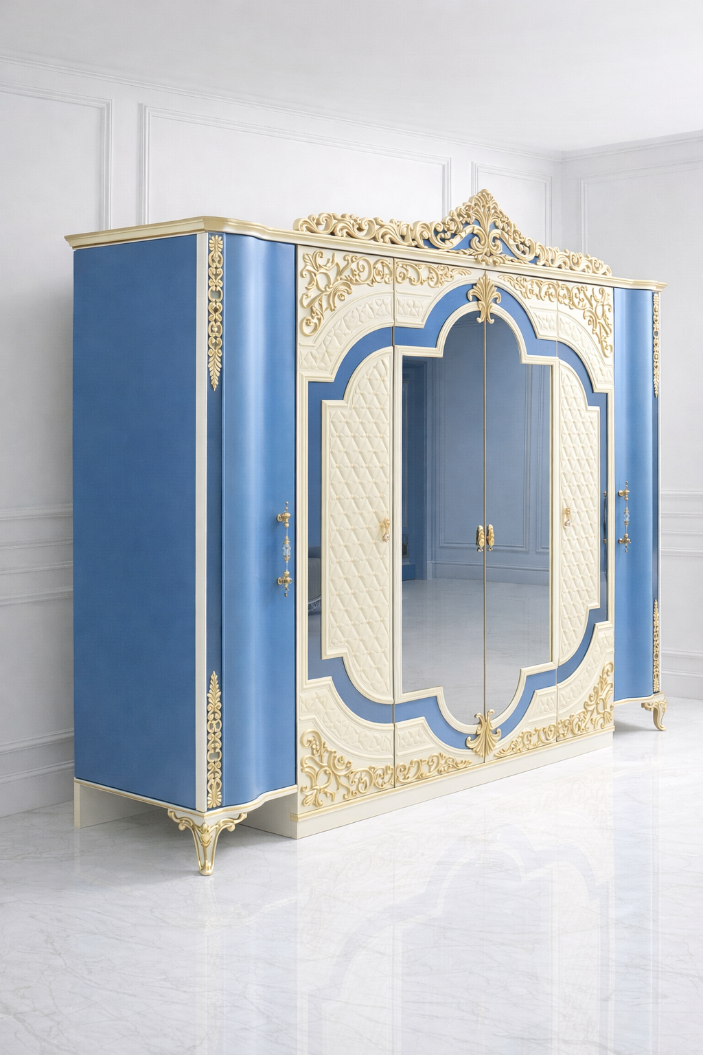 Luxury Royal Blue & Ivory Carved Wardrobe with Mirror Doors