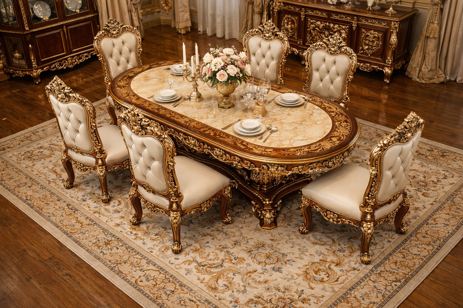Royal Luxury 6 Seater Dining Table Set – Antique Gold Hand-Carved Solid Wood with Marble-Style Top