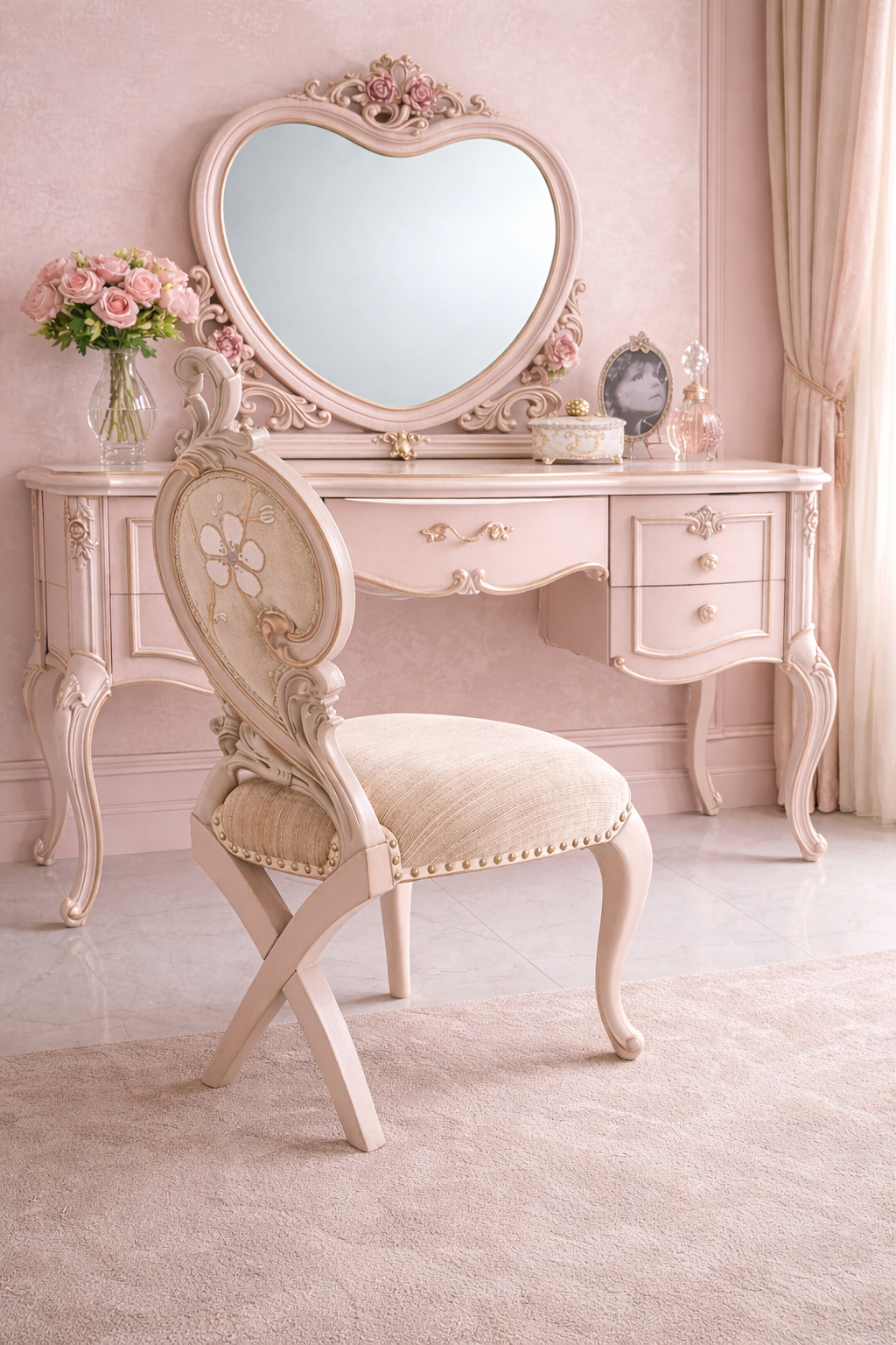 pink heart dressing table Pink love heart wood dressing table with stool and adjustable mirror bedroom furniture comes with 4 Drawers Vanity Table for Bedroom Girls Dressing Table Heart shaped mirror 75CM WIDTH (Pink) : Amazon.co.uk: