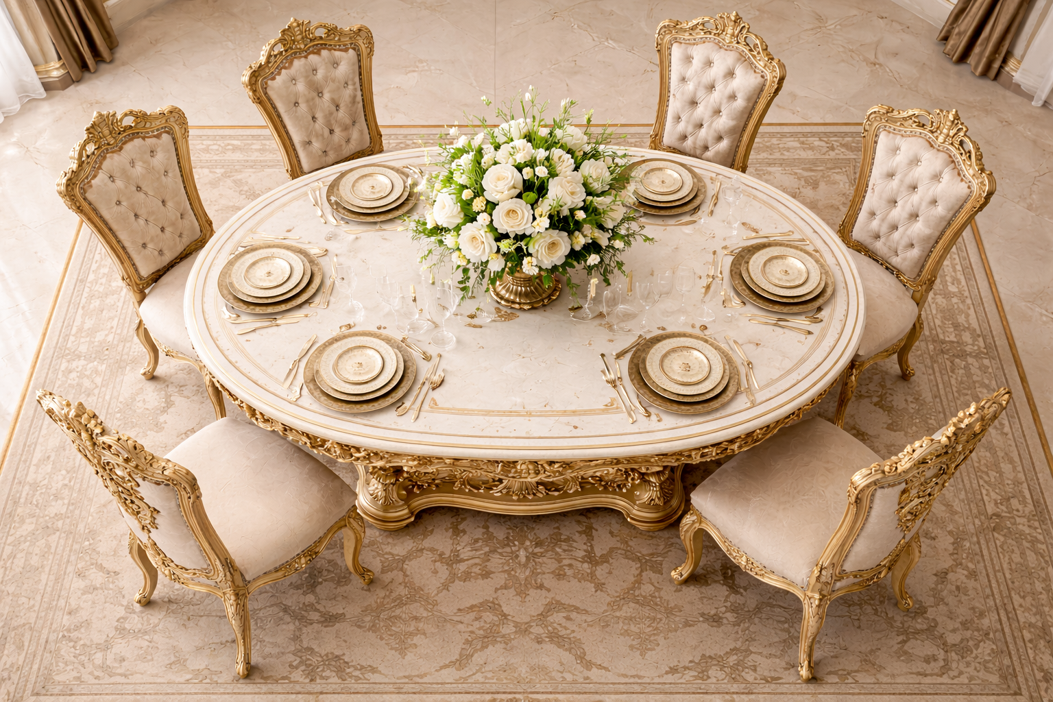 Royal Luxury 6 Seater Dining Table Set – Antique Gold Hand-Carved Solid Wood with Marble-Style Top