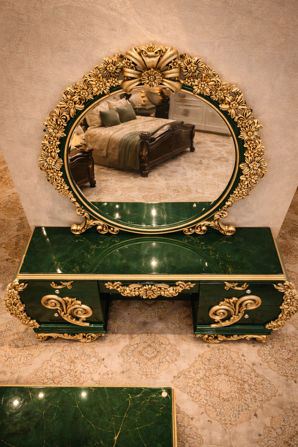 Royal Luxury Green & Gold Dressing Table with Ornate Mirror and Storage Drawers