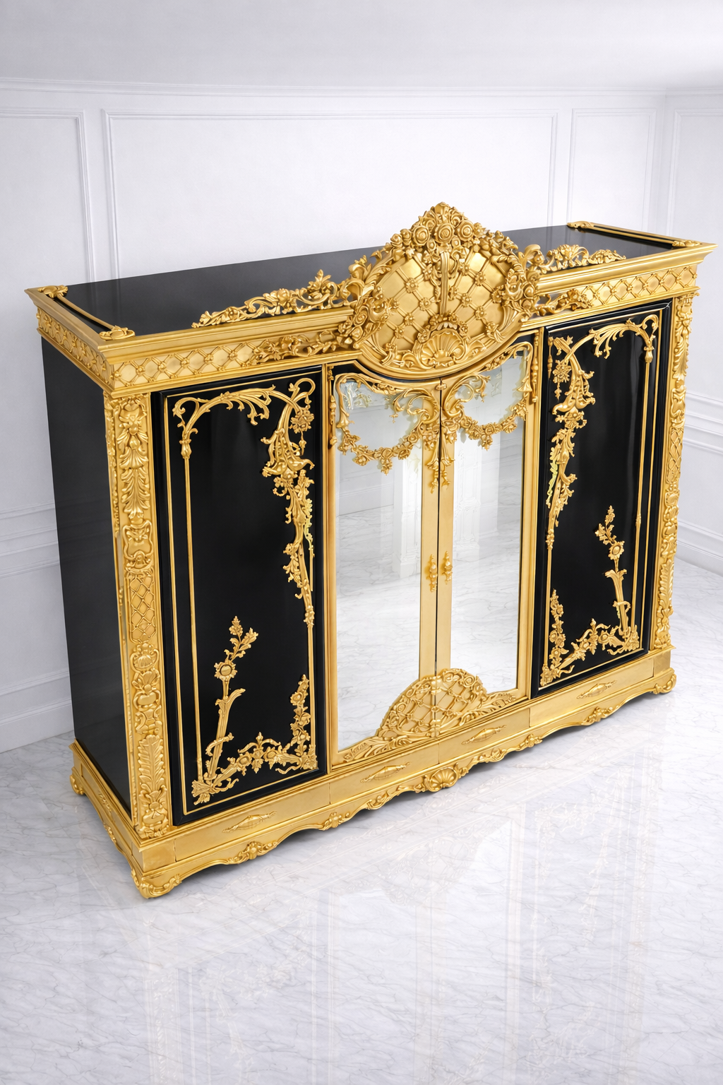Luxury Gold & Black Designer Wardrobe | Premium Italian Carving Almirah