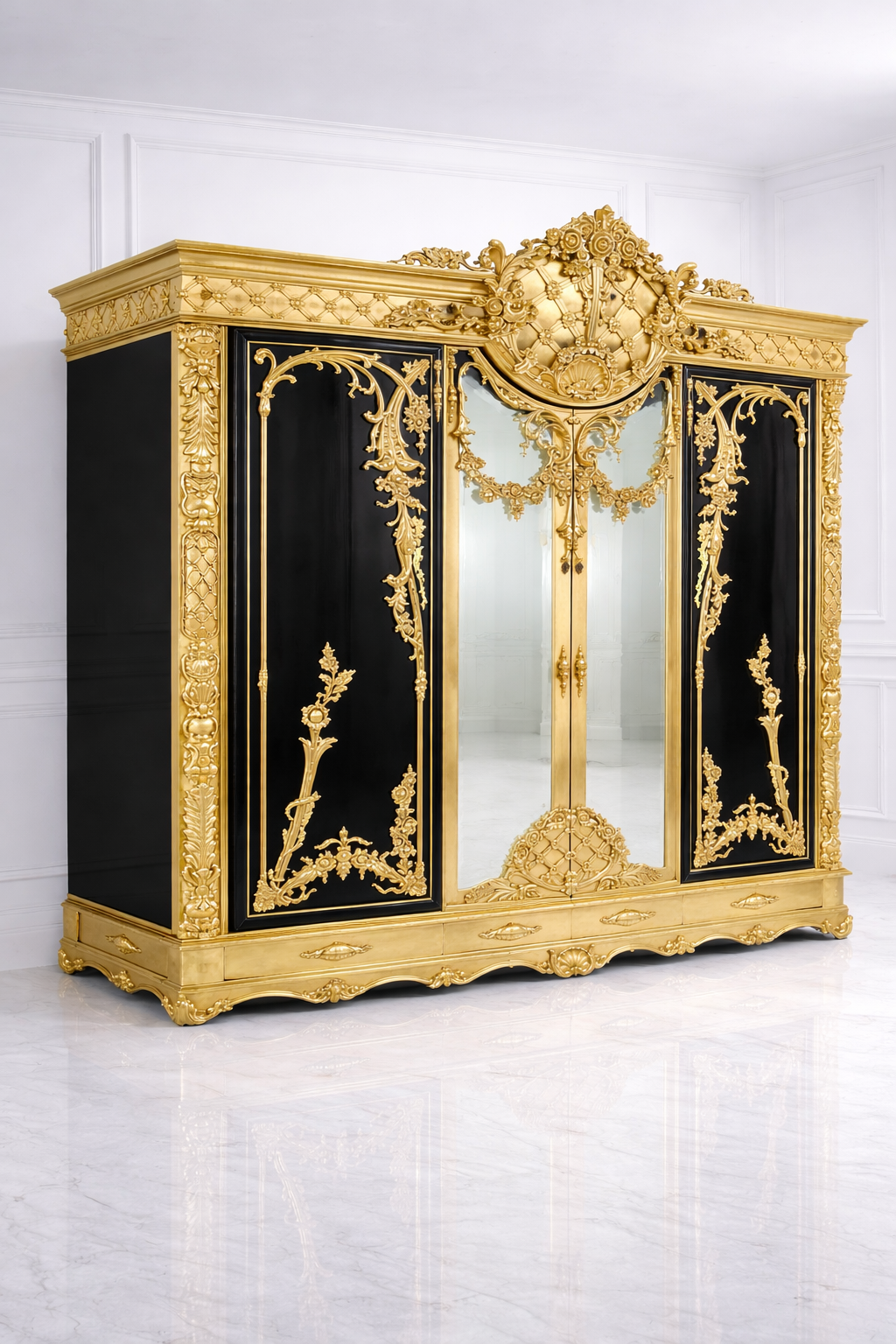 Luxury Gold & Black Designer Wardrobe | Premium Italian Carving Almirah