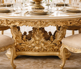 Royal Luxury 6 Seater Dining Table Set – Antique Gold Hand-Carved Solid Wood with Marble-Style Top
