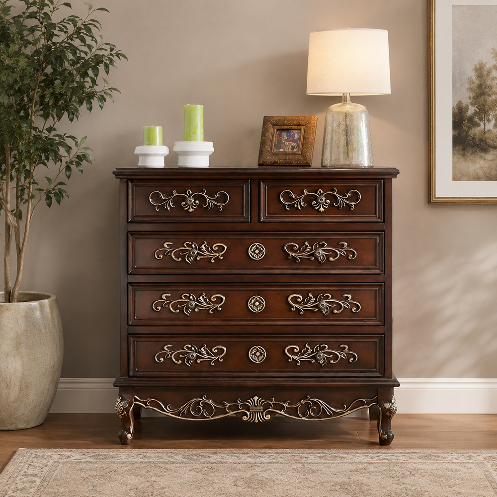 Solid teak wood carved chest of drawers with elegant floral detailing