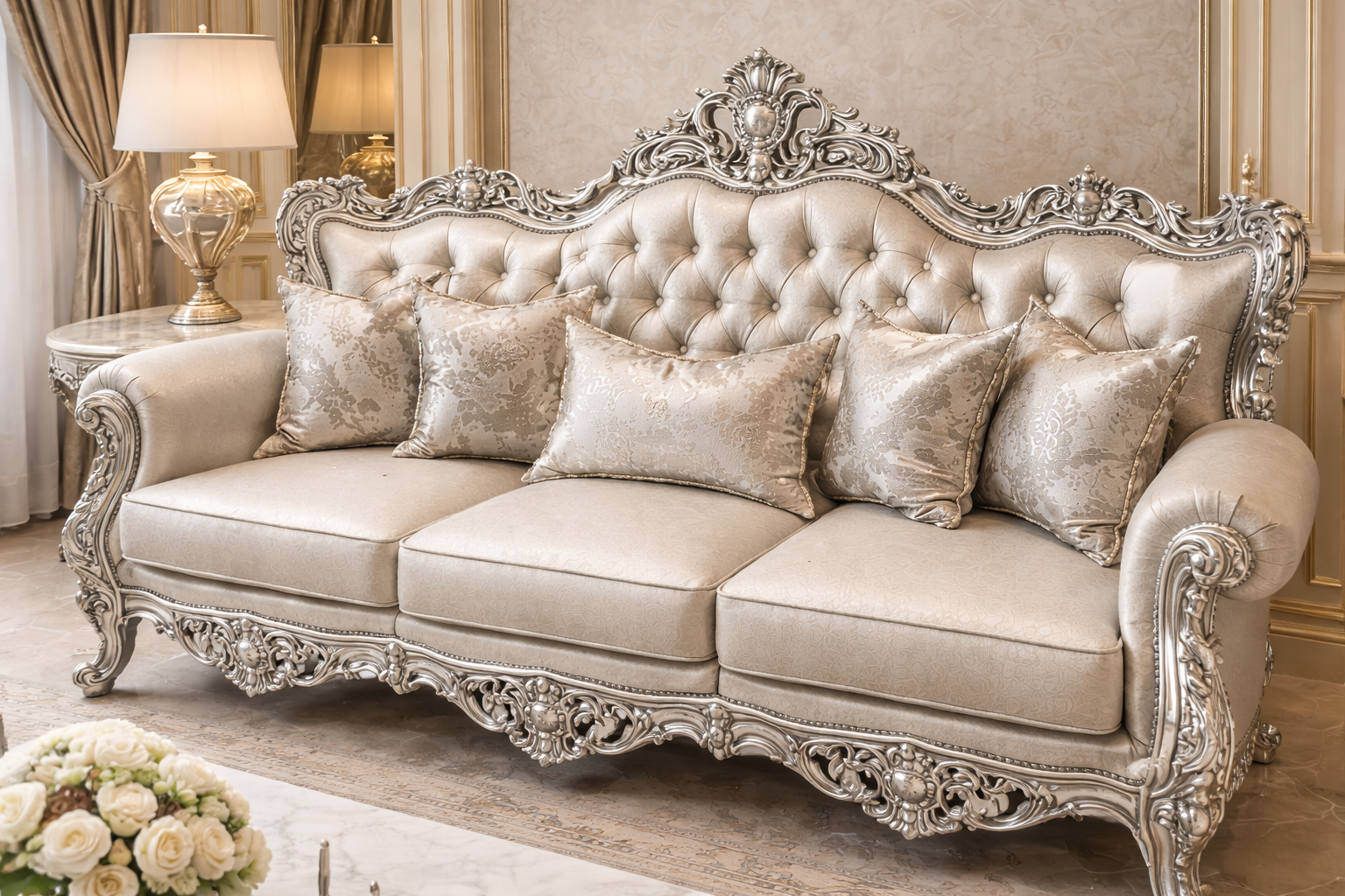 Luxurious Italian Style Silver Carved Sofa Set (3+1+1 with Center Table)