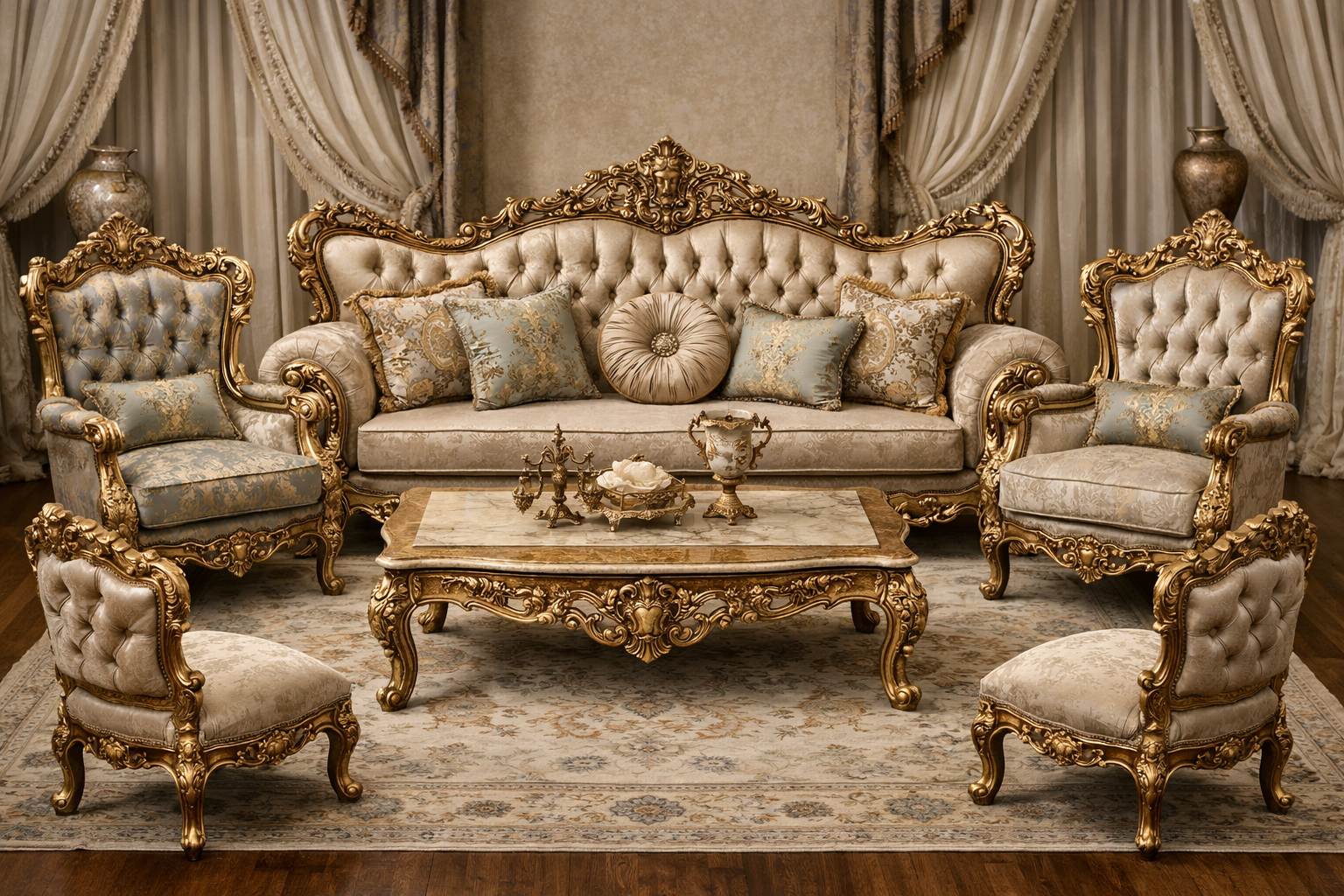 Royal Classic Gold Sofa Set (3+1+1) – Hand-Carved Luxury Living Room Furniture