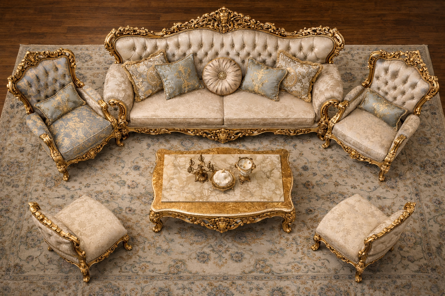 Royal Classic Gold Sofa Set (3+1+1) – Hand-Carved Luxury Living Room Furniture