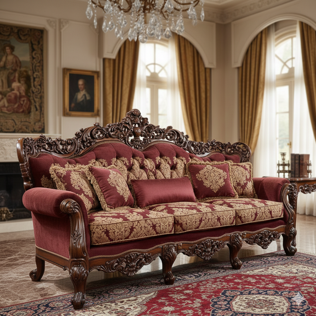Royal Classic Maroon Sofa Set (3+1+1) – European Palace-Style Hand-Carved Living Room Furniture