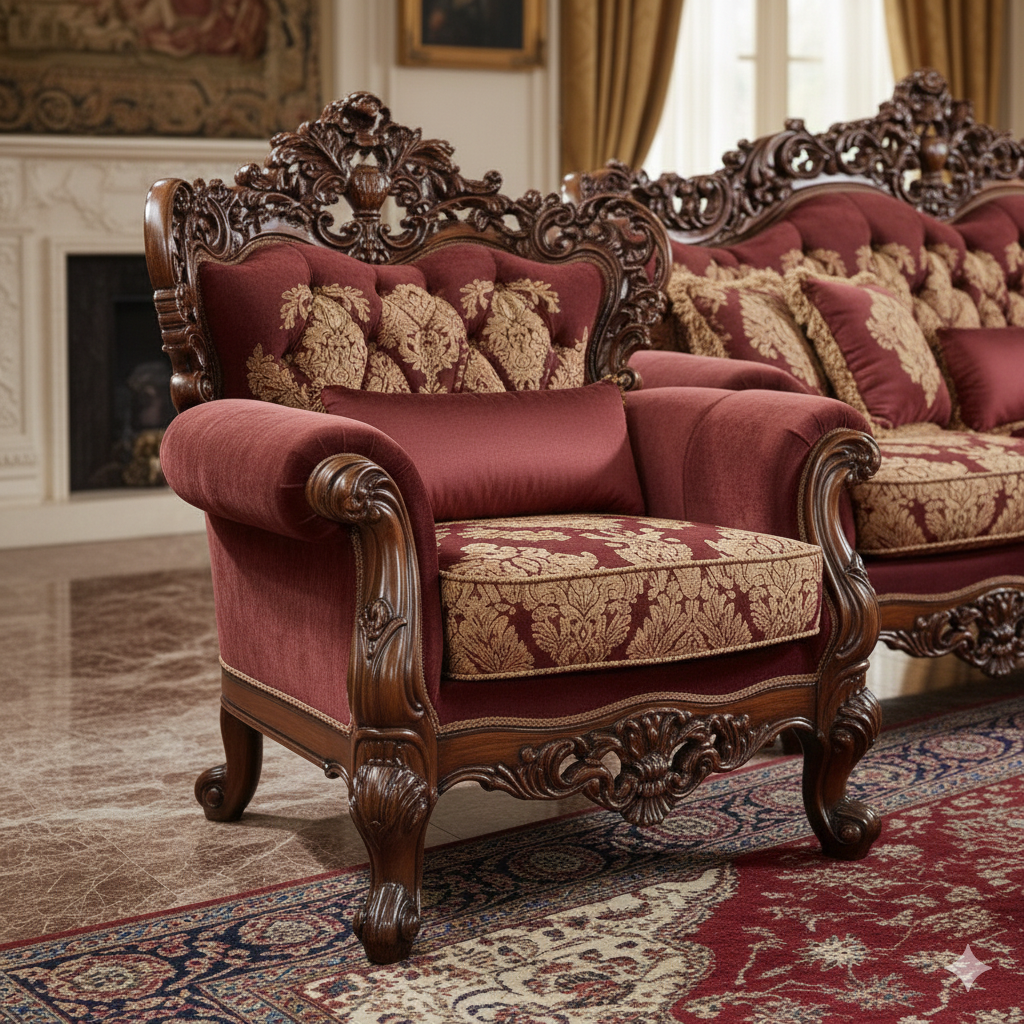 Royal Classic Maroon Sofa Set (3+1+1) – European Palace-Style Hand-Carved Living Room Furniture