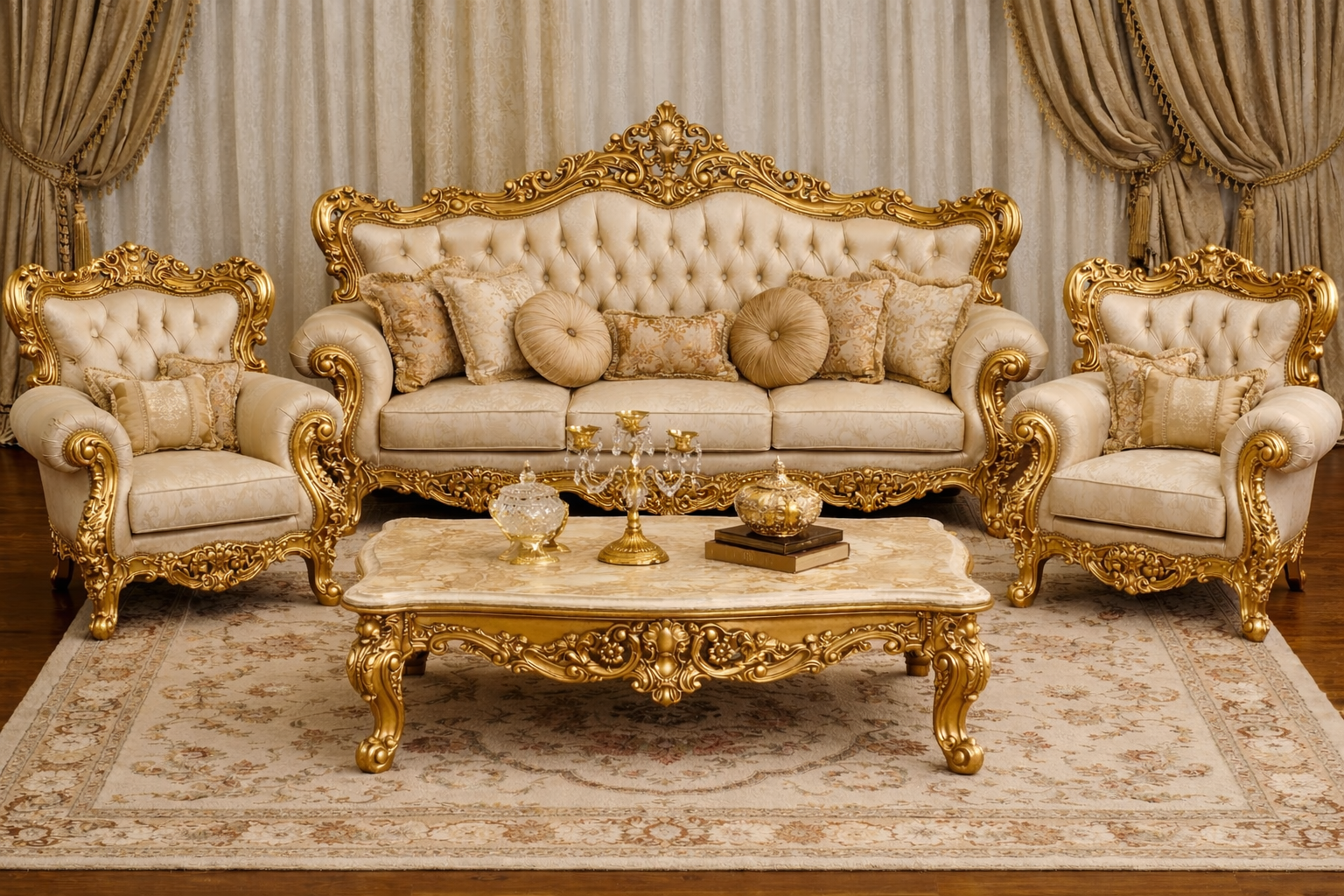 Royal Classic Gold Sofa Set (3+1+1) – Hand-Carved European Luxury Living Room Furniture