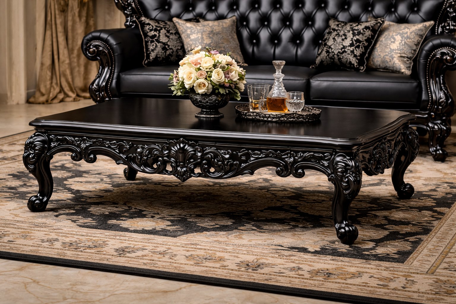 Luxury Black Royal Sofa Set (3+1+1) – Hand-Carved Wooden Living Room Furniture with Leatherette Upholstery