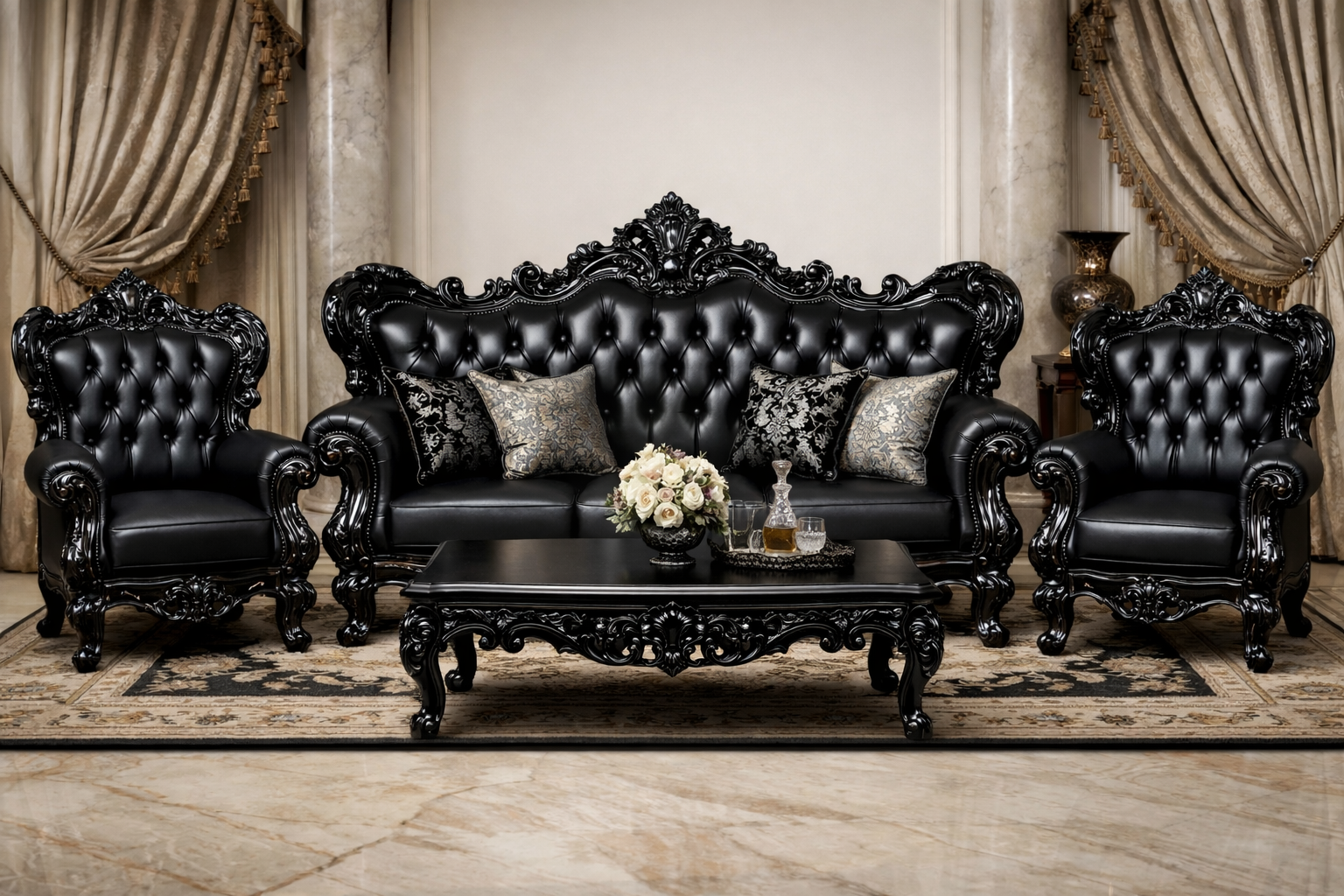 Luxury Black Royal Sofa Set (3+1+1) – Hand-Carved Wooden Living Room Furniture with Leatherette Upholstery