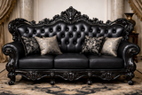 Luxury Black Royal Sofa Set (3+1+1) – Hand-Carved Wooden Living Room Furniture with Leatherette Upholstery