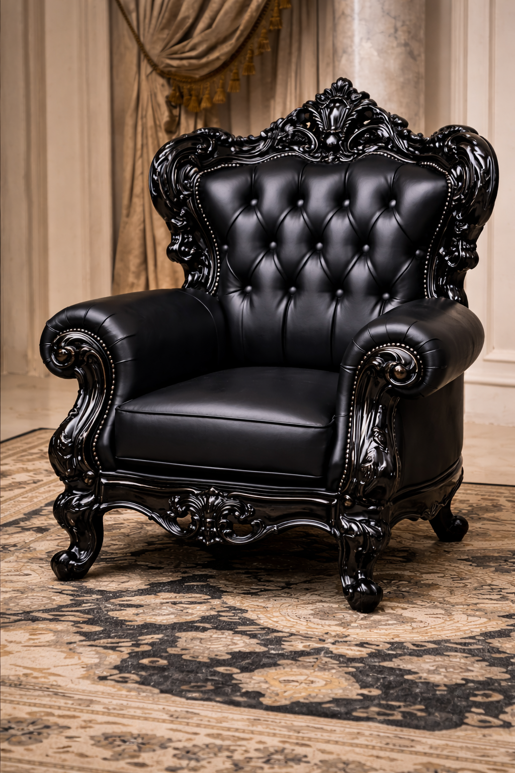 Luxury Black Royal Sofa Set (3+1+1) – Hand-Carved Wooden Living Room Furniture with Leatherette Upholstery
