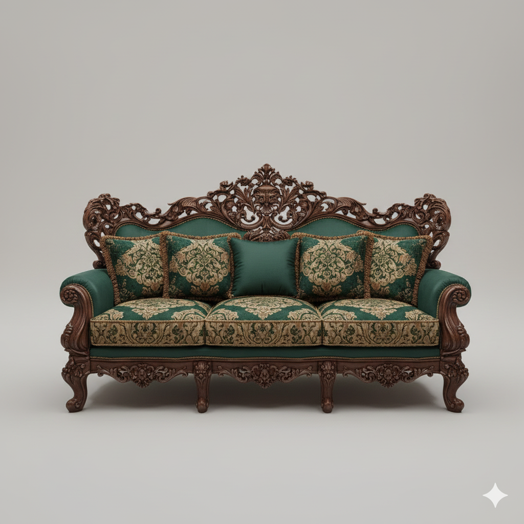 Royal Green Luxury Sofa Set (3+1+1) – Hand-Carved Wooden Designer Furniture