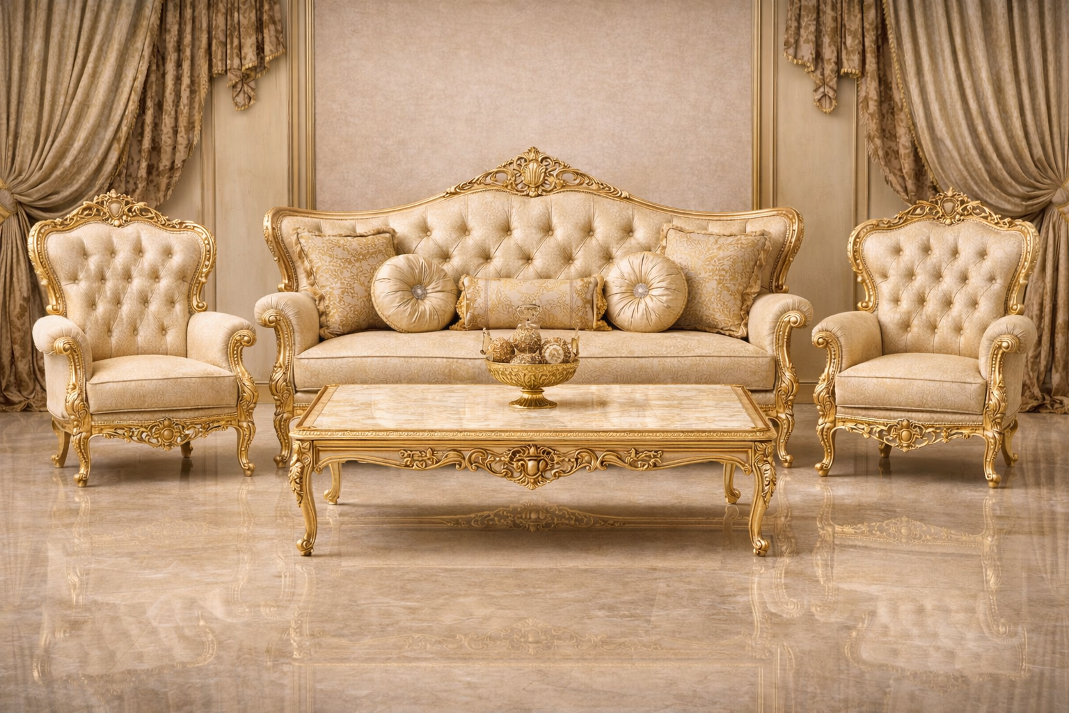 Royal Classic Gold Sofa Set (3+1+1) – European Palace-Style Hand-Carved Living Room Furniture