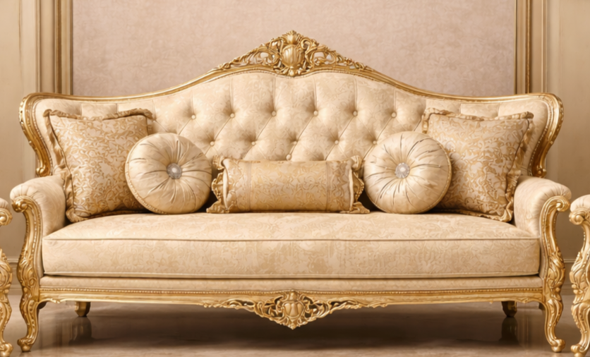 Royal Classic Gold Sofa Set (3+1+1) – European Palace-Style Hand-Carved Living Room Furniture