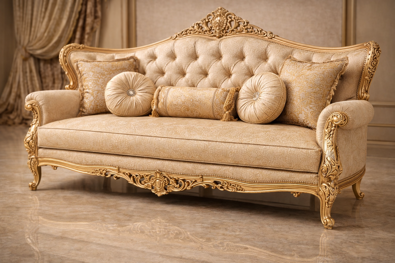 Royal Classic Gold Sofa Set (3+1+1) – European Palace-Style Hand-Carved Living Room Furniture