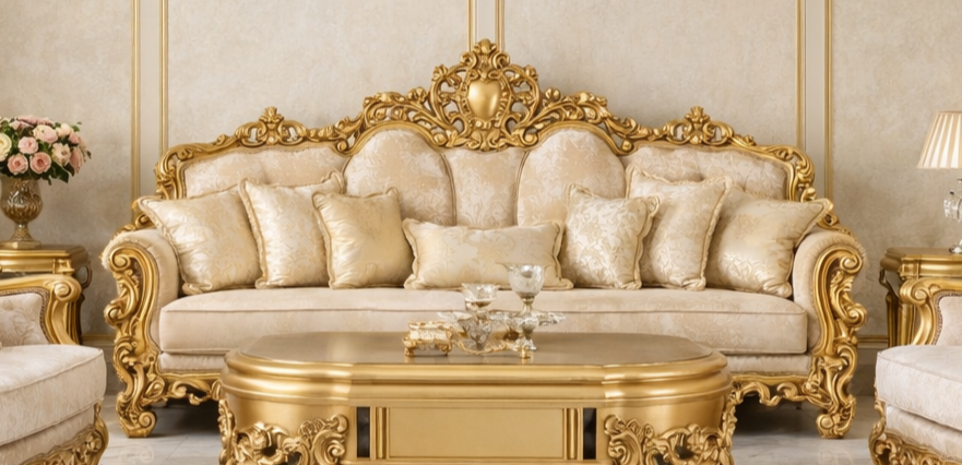 Royal Green Luxury Sofa Set (3+1+1) – Hand-Carved Wooden Designer Living Room Furniture