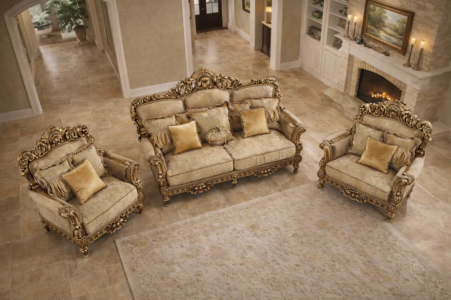 Luxury Royal Wooden Sofa Set (3+1+1) – Hand-Carved European Style Living Room Furniture